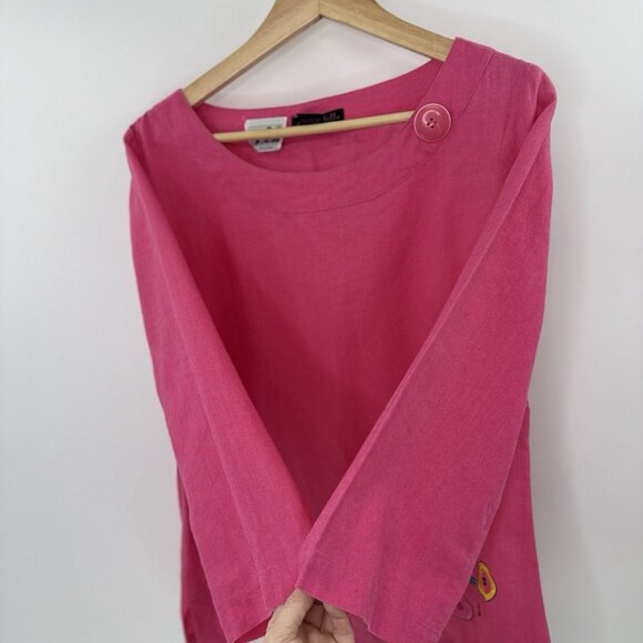 Sara Isabella Bright Pink 100% Irish Linen Embroidered Buttons Tunic Blouse 10 - Picture 9 of 11